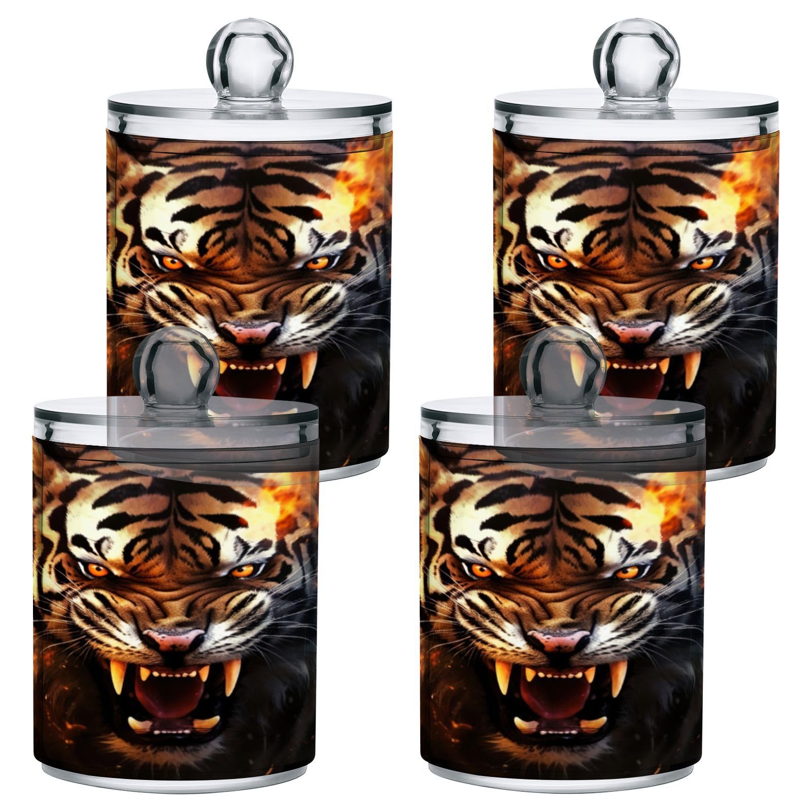 Kigai Cute Tigers Qtip Holder Dispenser - 14OZ Clear Plastic Apothecary Jars Food Storage Jar with Lids Bathroom Canister Organizer for Coffee, Tea, Candy, Floss (2Pack)
