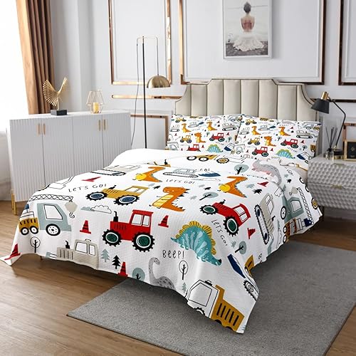 Miniatura 3 de Feelyou Colcha de construcción para niños, caricaturas, dinosaurio, acolchado, para niños, adolescentes, equipamiento, camiones, juego de colcha de