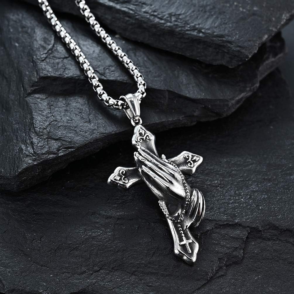 Cross Necklace for Men，Stainless Steel Praying Hands Silver Cross Pendant Religious Necklace Chain Christian jewelry 60 cm/23.6 inches - Image 2