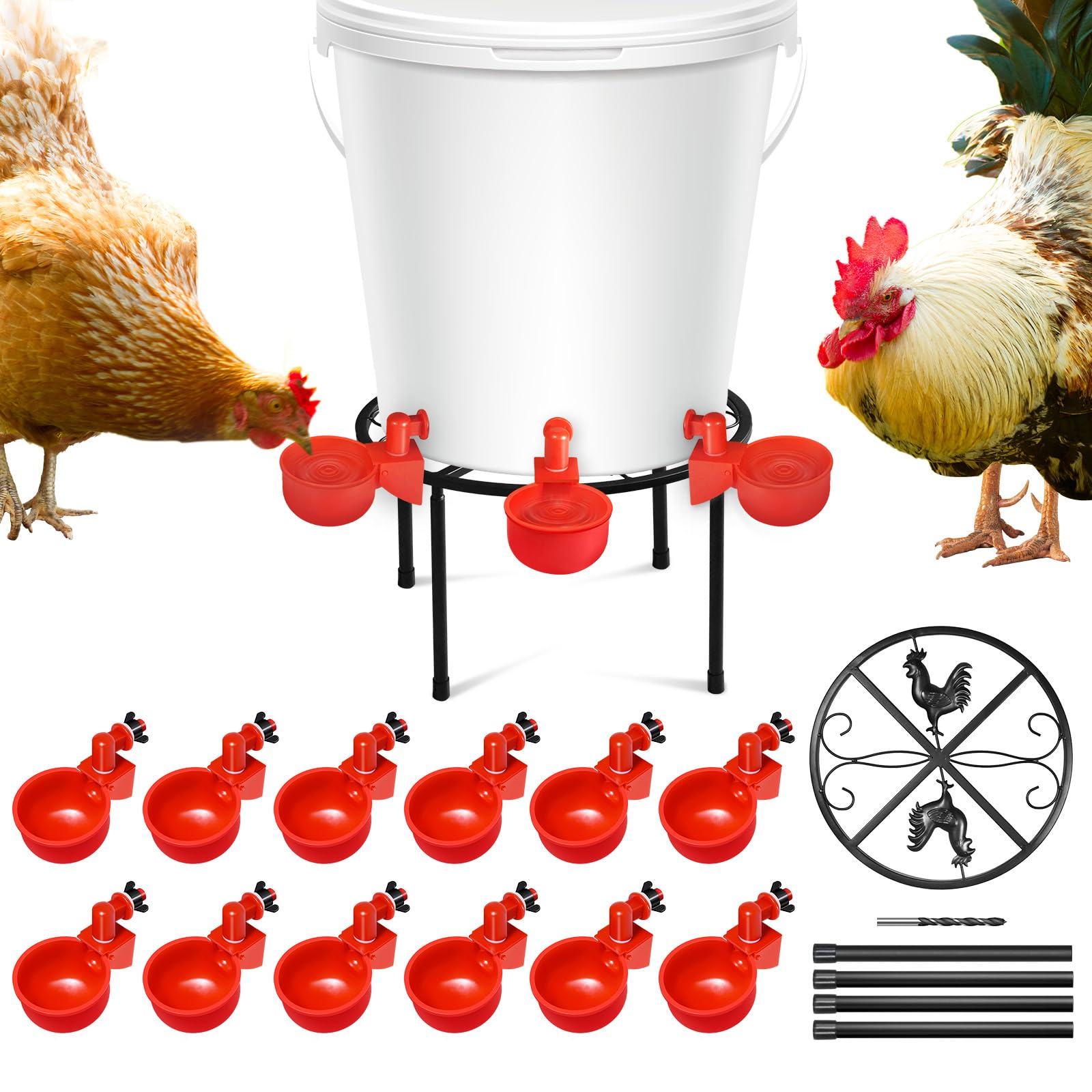 Mangeoire à eau pour poulet anti-renversement : tasses et support rond en fer robuste