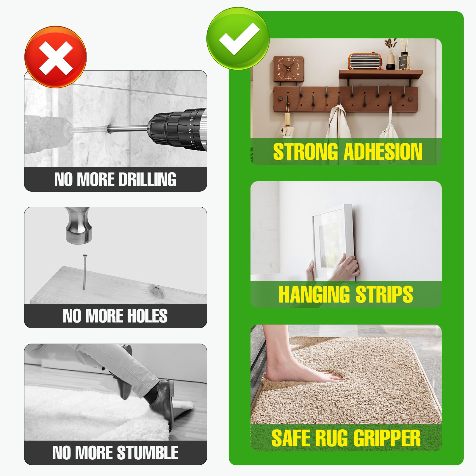 SIKEDEPRO Nastro biadesivo resistente, 2 rotoli, 6 m, nastro biadesivo per pareti, tappeti e poster, nastro biadesivo per tappeti, strisce per appendere quadri, ufficio e esterni