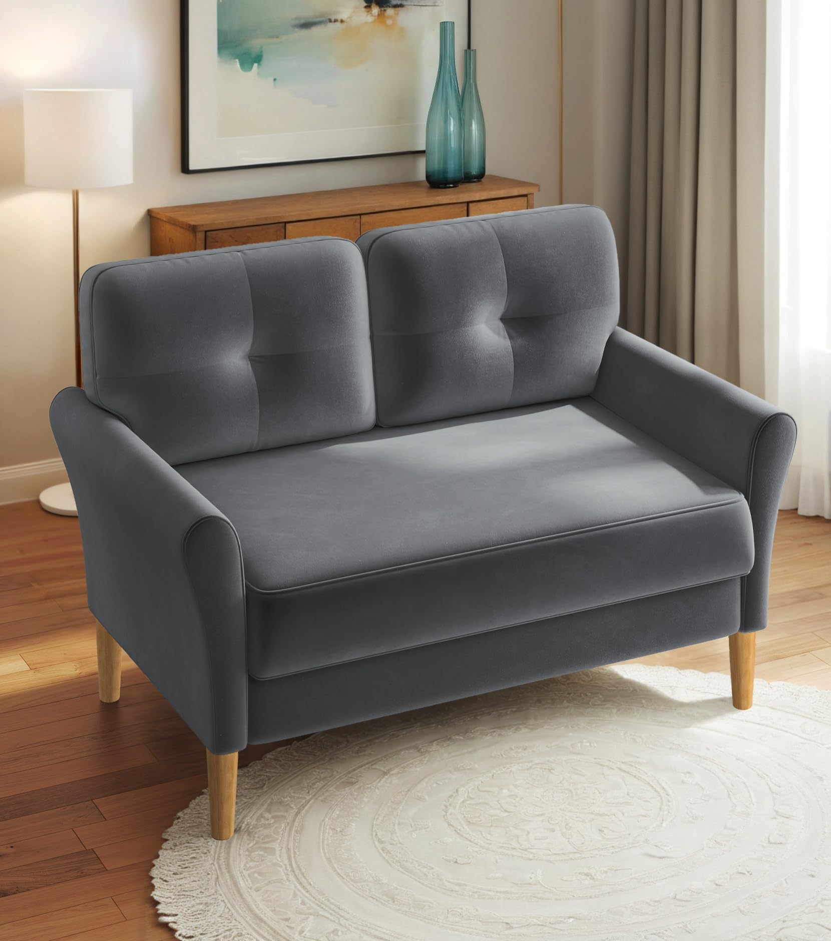 Domusensus Kleines Sofa 2 Sitzer, 123CM kleine Couch 2 Sitzer, Sofa klein mit 53CM extra tiefen Sitzen, MiniSofa Wohnzimmer, Werkzeugfreie Montage Sofas & Couches, Bequemer Samt Mini Couch, Grau