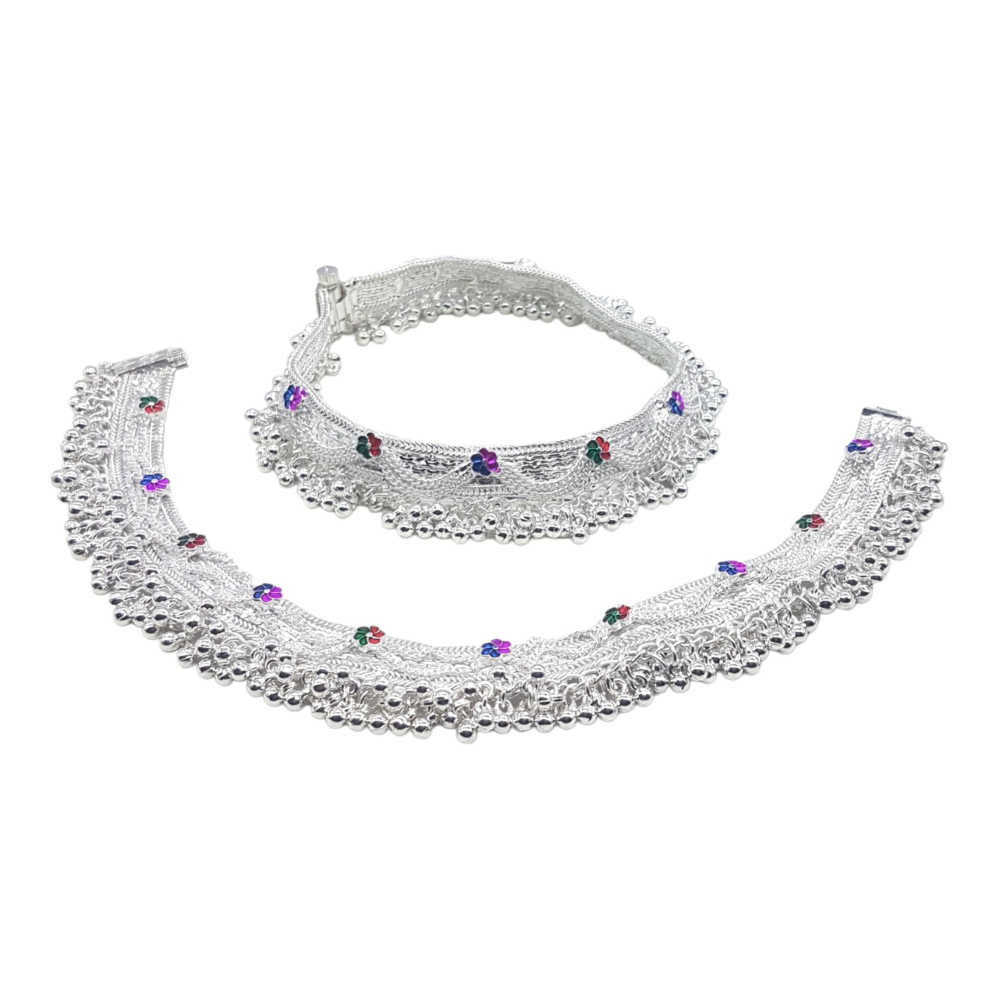 Women's Bridal Silver Plated White Metal Indian Traditional Ethnic Fancy Heavy 2 Pair Alloy Anklet For All Occasions