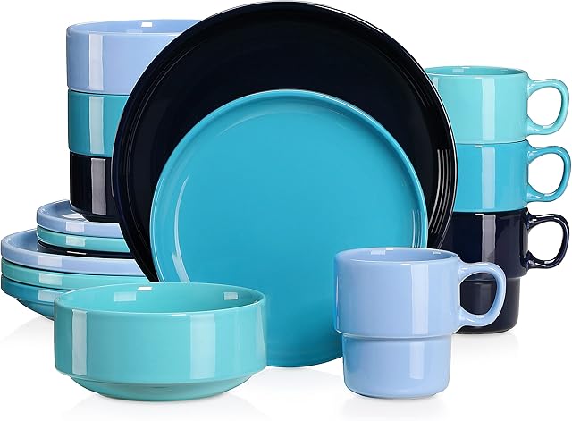 LOVECASA 16-częściowy serwis stołowy z porcelany, zestaw naczyń obiadowych dla 4 osób, talerze obiadowe, kubki, talerze deserowe i miski, kolorowy