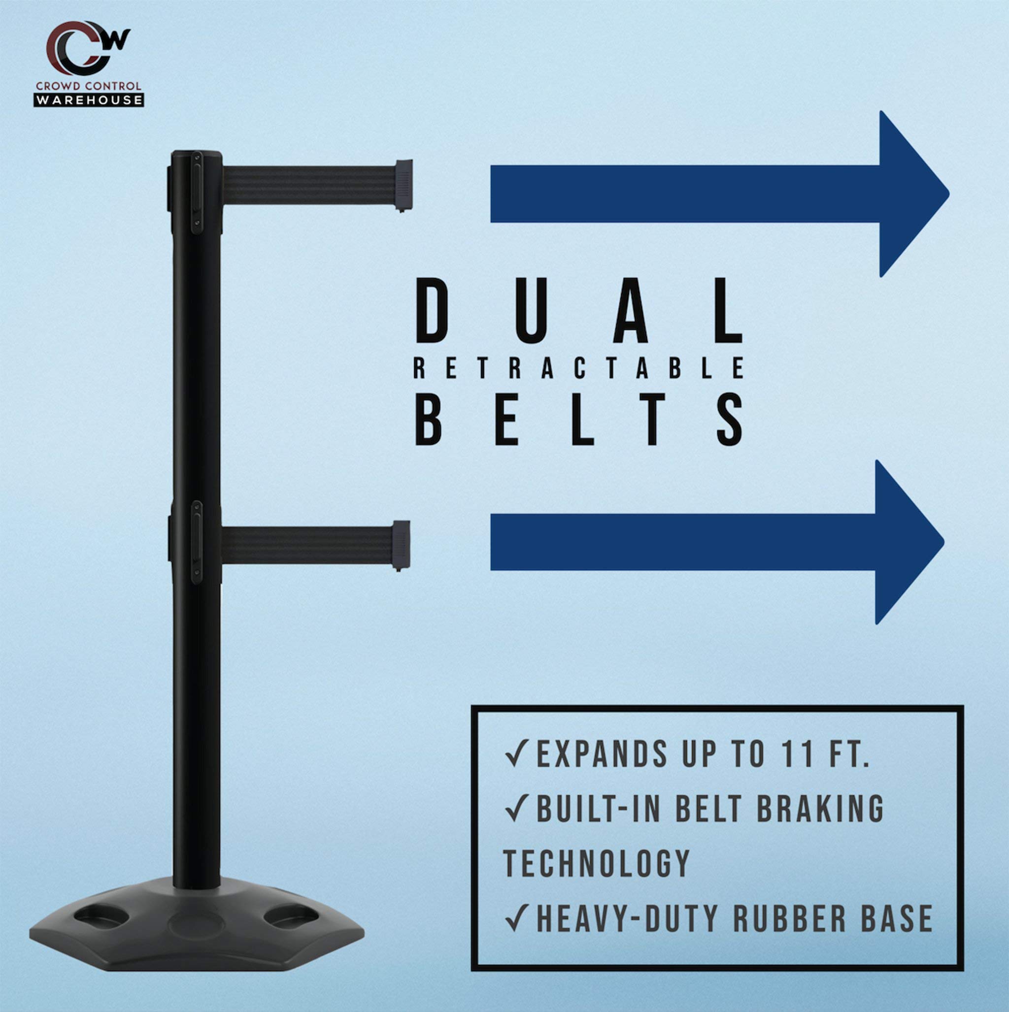 CCW Series WBB-200D - Set of 2 Retractable Dual Belt Barrier Stanchion, Heavy Duty Rubber Base, Black Post (11 Foot Belt, Red with