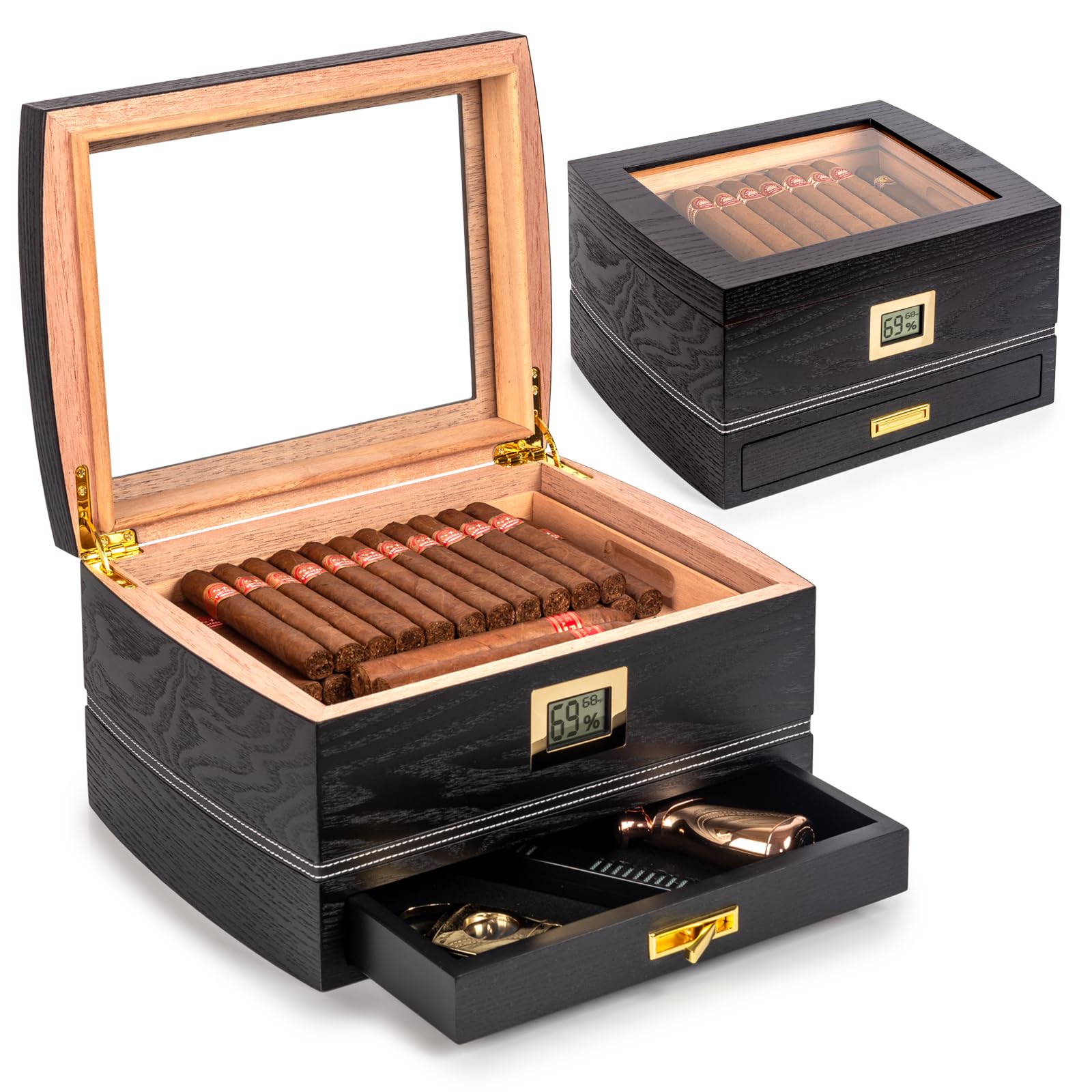 Humidor in Cedro per 75 Sigari, Igrometro, Nero | Cedro spagnolo, vetro temperato, igrometro, umidificatore, 2 divisori e cassetto accessori; fino a 75 sigari