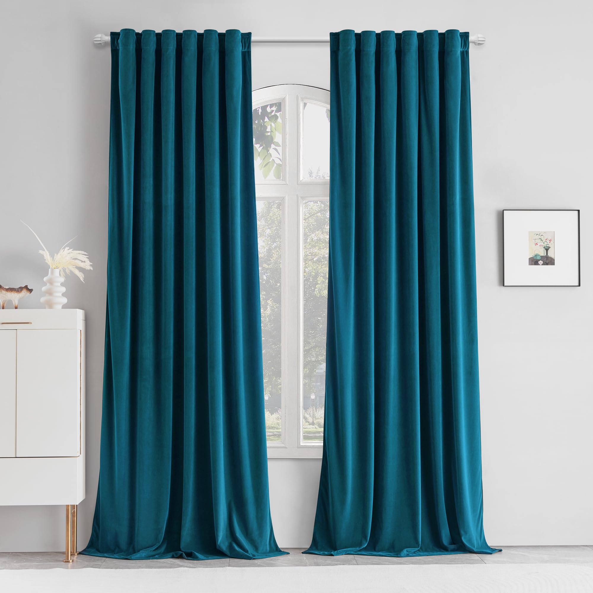 MUMFAS Teal Blue Velvet Curtains 90 Inches Long, Back Tab Rod Pocket Soundproof Room Darkening Window Velvet Drapes Light Blocking Privacy Assured for Living Room Bedroom W52 x L90, 2 Pcs