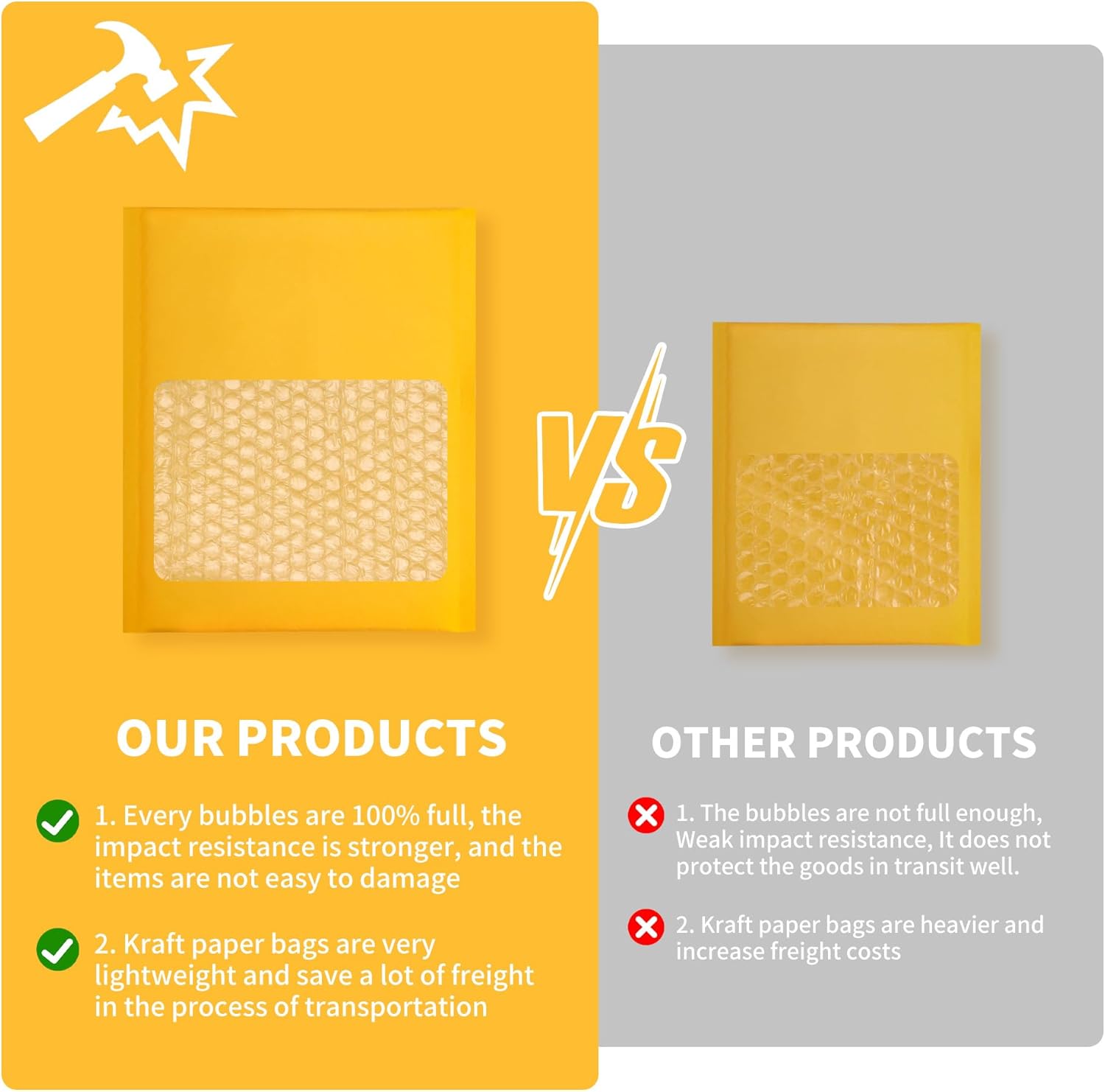 Kraft Bubble Mailers 100 Pack, 7"x10" External Dimension, Usable Size 6x9" Thick Bubble Envelopes Waterproof Cushioned Padded Mailers Shipping Packaging for Small Business Yellow #000