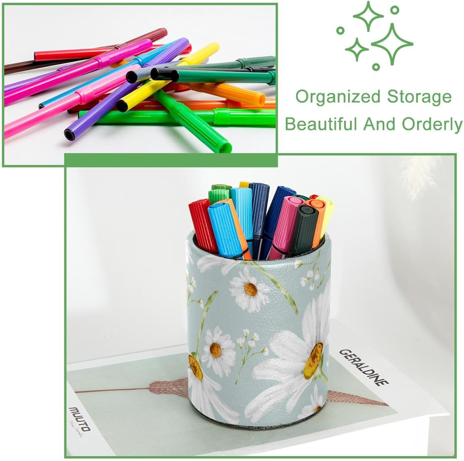 Large Capacity Colored Pen Holder for Desk,Little Daisy Pattern Leathe Pencil Holder Makeup Brush Holders, Desk Accessories & Workspace Organizers for Home, School & Office image 3