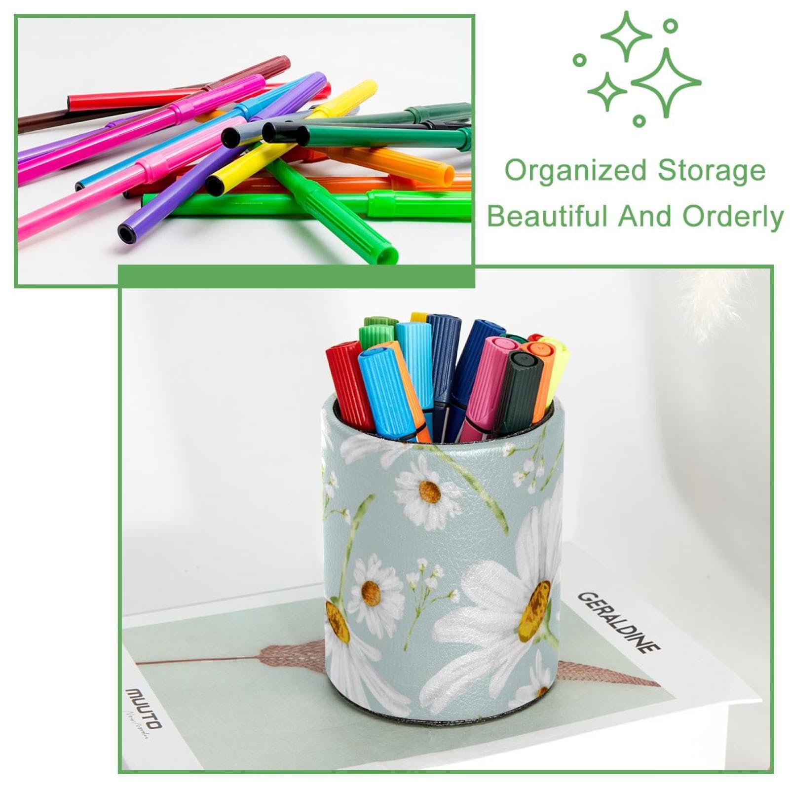 Portalápices de colores de gran capacidad para escritorio, con patrón de margaritas, soporte para brochas de maquillaje, accesorios de escritorio y organizadores de espacio de trabajo para el