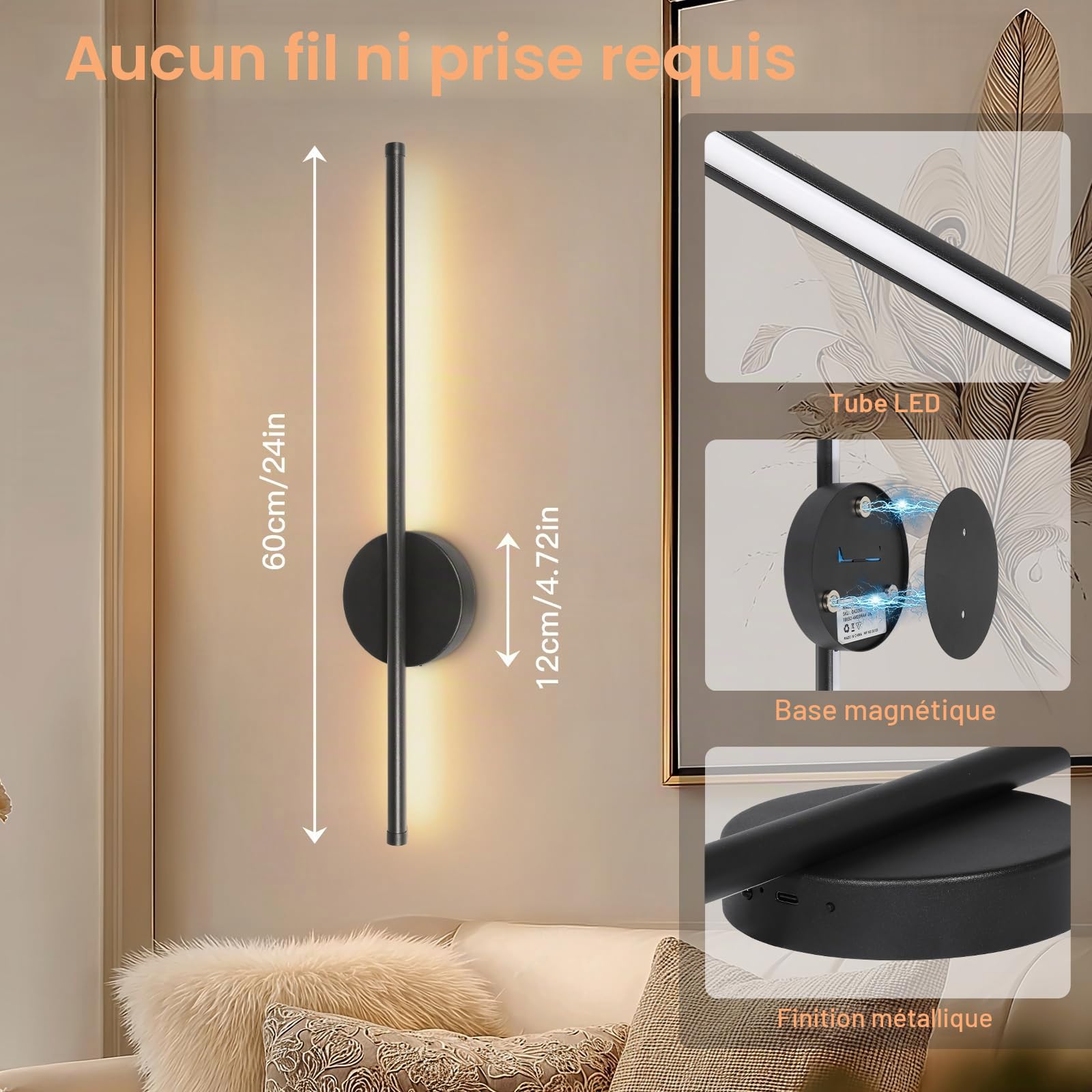 Ketom Lot de 2 Applique Murale Intérieure Rechargeable, Lampe Murale Sans Fil Noir, Luminaire Mural avec Télécommande, 3 Températures de Couleur & Dimmable, Minuterie