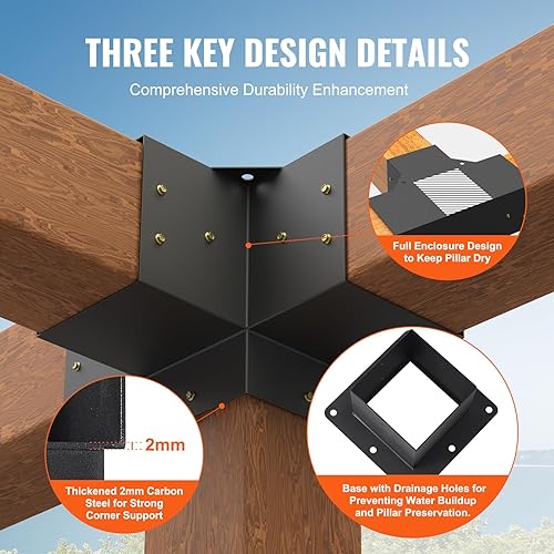 Miniatura 3 de VEVOR Kit de soporte para pérgola de 6 x 6 pulgadas, 4 piezas de soporte de esquina resistente de 4 vías, kit de base de poste de carpintería, vigas