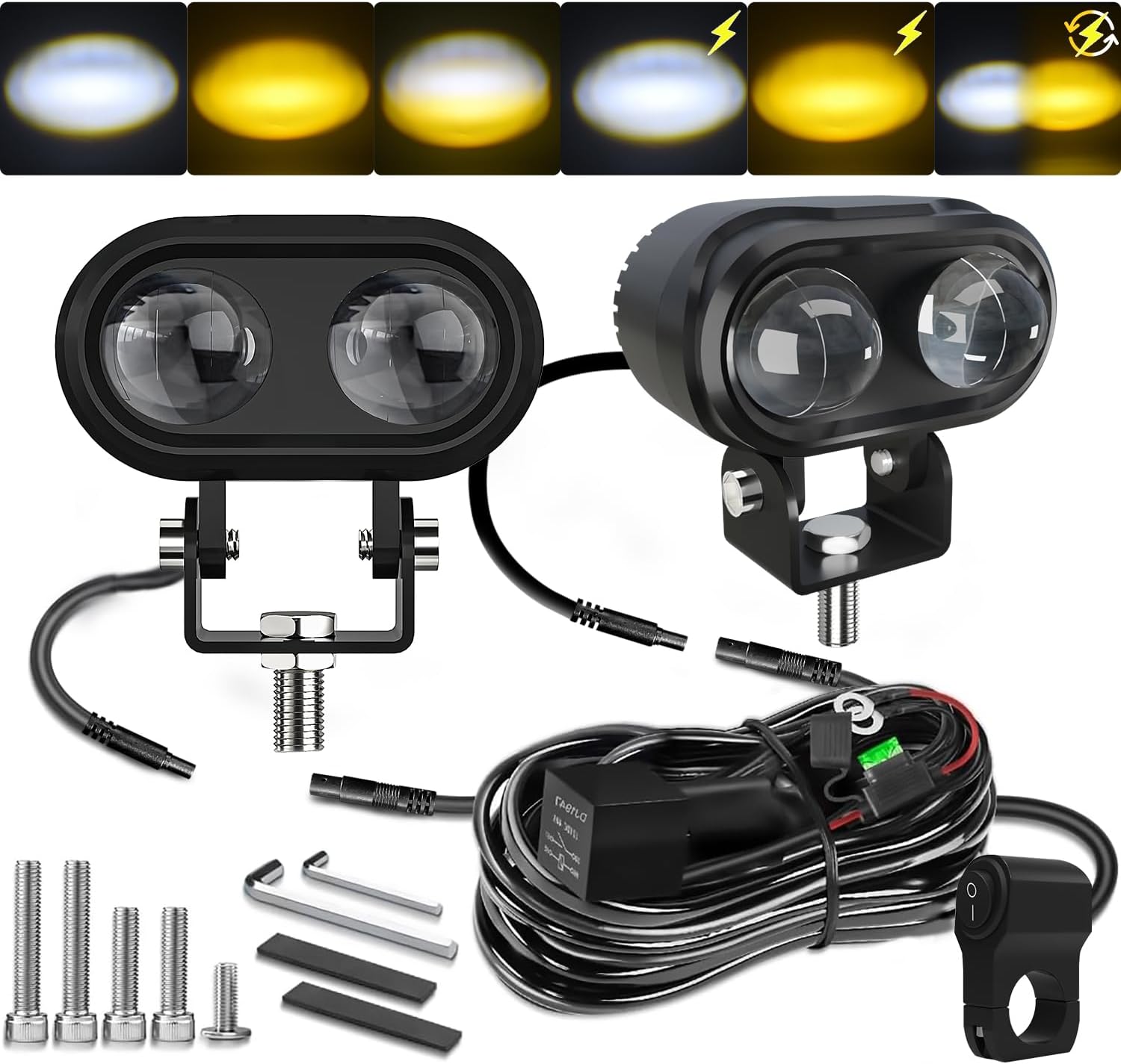 LED Pods Motorcycle Auxiliary Lights 2PCS 40W Spot Driving Fog Lights Amber/White with Switch Wiring Harness Waterproof for Bike ATV UTV SUV Off Road
