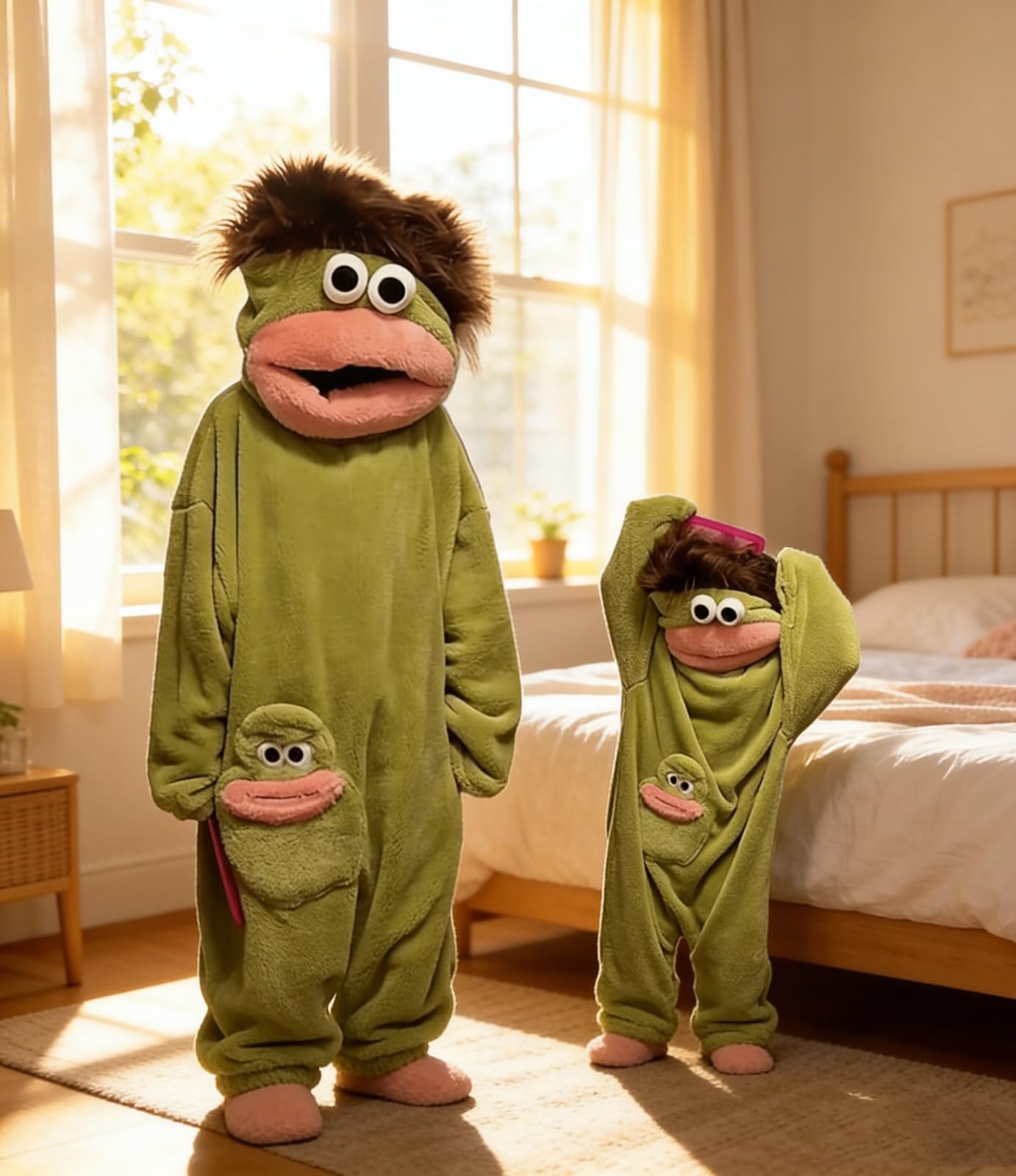 Silly Onesie Funny Green Monster Hooded Fleece Pajamas Premium Soft Cozy Sleepwear Plush One-Piece Long Sleeves Clothes - 4