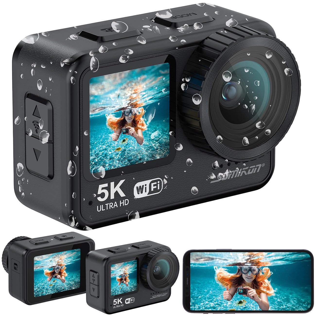 Somikon Unterwasserkamera: Mini-Actioncam mit 5K-Auflösung, wasserdicht bis 21 m, 2 Displays, EIS (Mini Unterwasserkamera, Action Cam, Kfz)