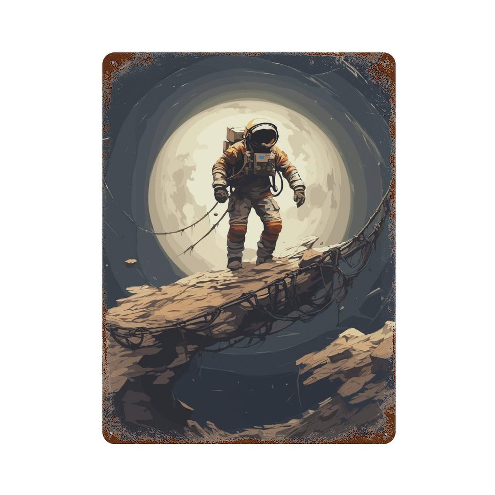 Astronaut Journey Vintage Wall Sign 15.7"x11.8", Rust Effect Metal Decor for Basement, Hobby Room And Garage Decor
