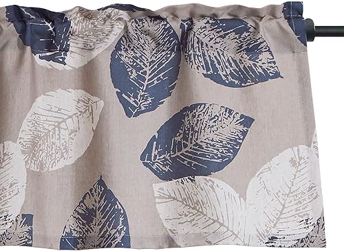 VOGOL Cenefa de cortinas de lino sintético con estampado de hojas para dormitorio, cenefa con bolsillo para barra para ventanas, 52 x 18 pulgadas