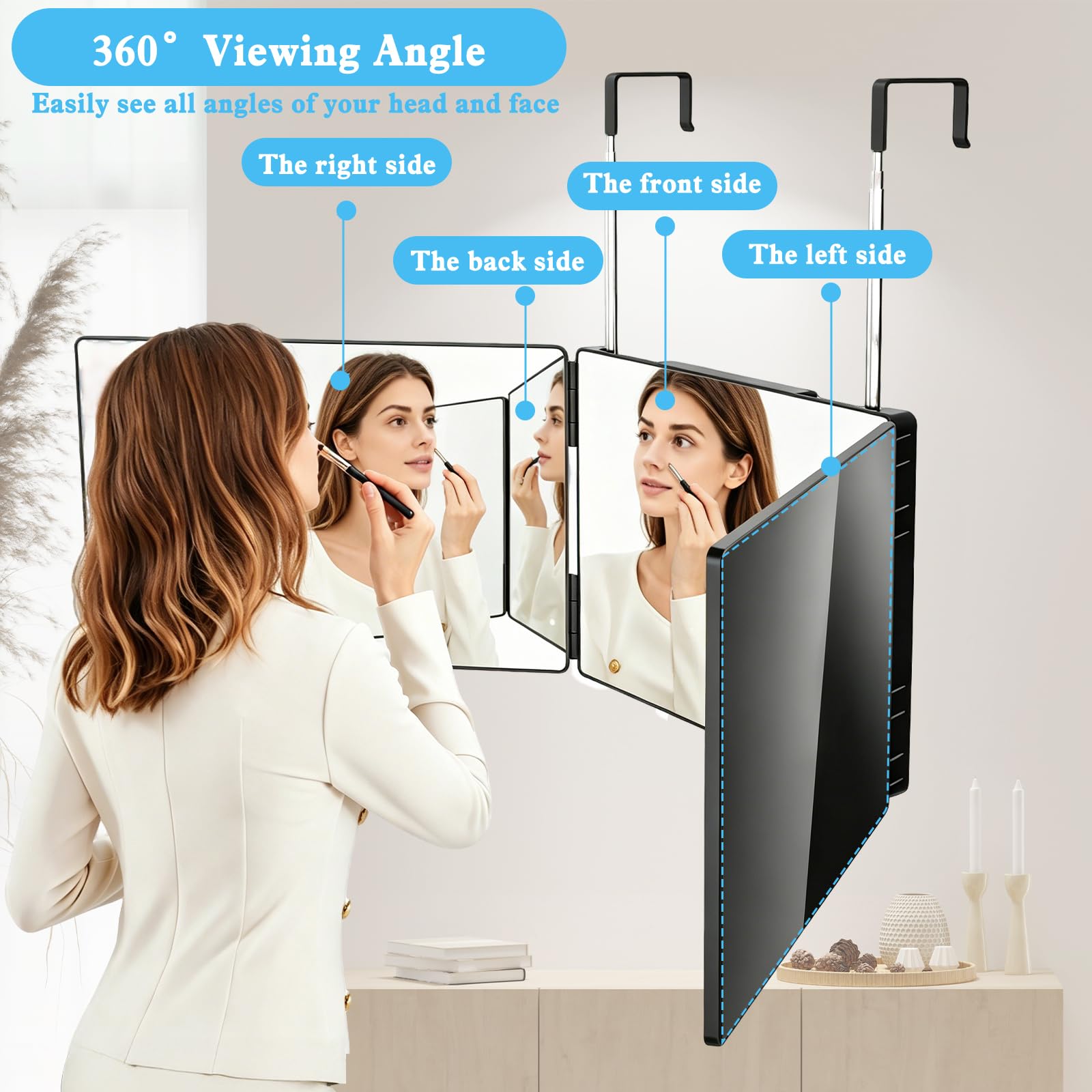 Specchio da Taglio A 360 Gradi, Specchio 360 Gradi Capelli con LED, Specchio Trucco a 3 Vie, Tagliare I Capelli da Soli