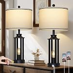 27.5" Lampes de table de ferme noire Ensemble de 2, Lampes Vintage Tall pour le salon avec USB Ports de recharge A+C & AC Outlet, Lampe Rustique de chevet avec lumière de nuit, Lampe de chambre pour table de chene
