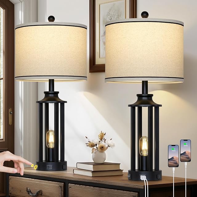 27.5" Lampes de table de ferme noire Ensemble de 2, Lampes Vintage Tall pour le salon avec USB Ports de recharge A+C & AC Outlet, Lampe Rustique de chevet avec lumière de nuit, Lampe de chambre pour table de chene