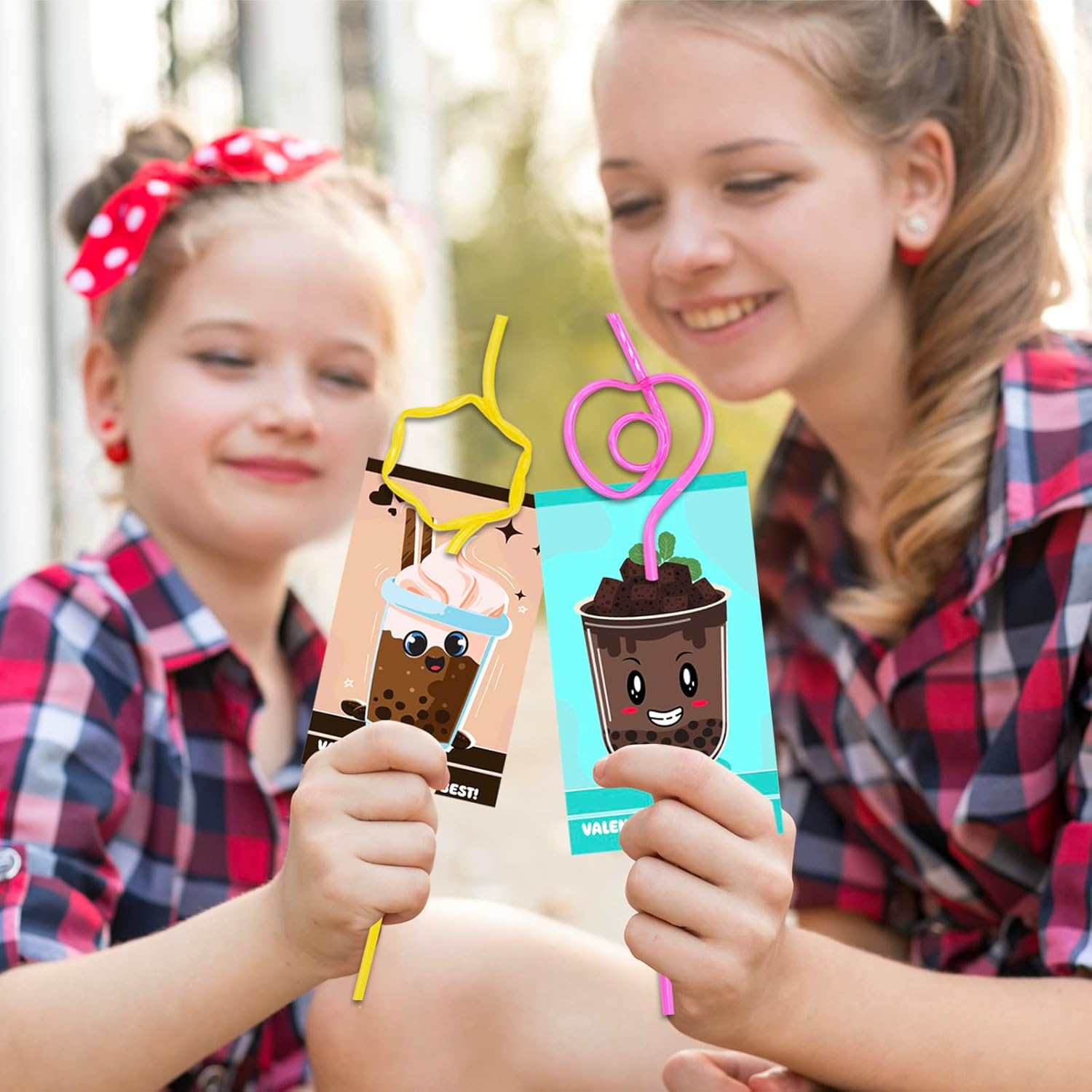 Valentines Day Cards for Kids with 32 Pack of Crazy Loop Reusable Drinking Straws, Bulk Valentine Exchange Cards for Girls Boys School Class Exchange Gifts Prizes, Valentine's Party Favors, 8 Styles
