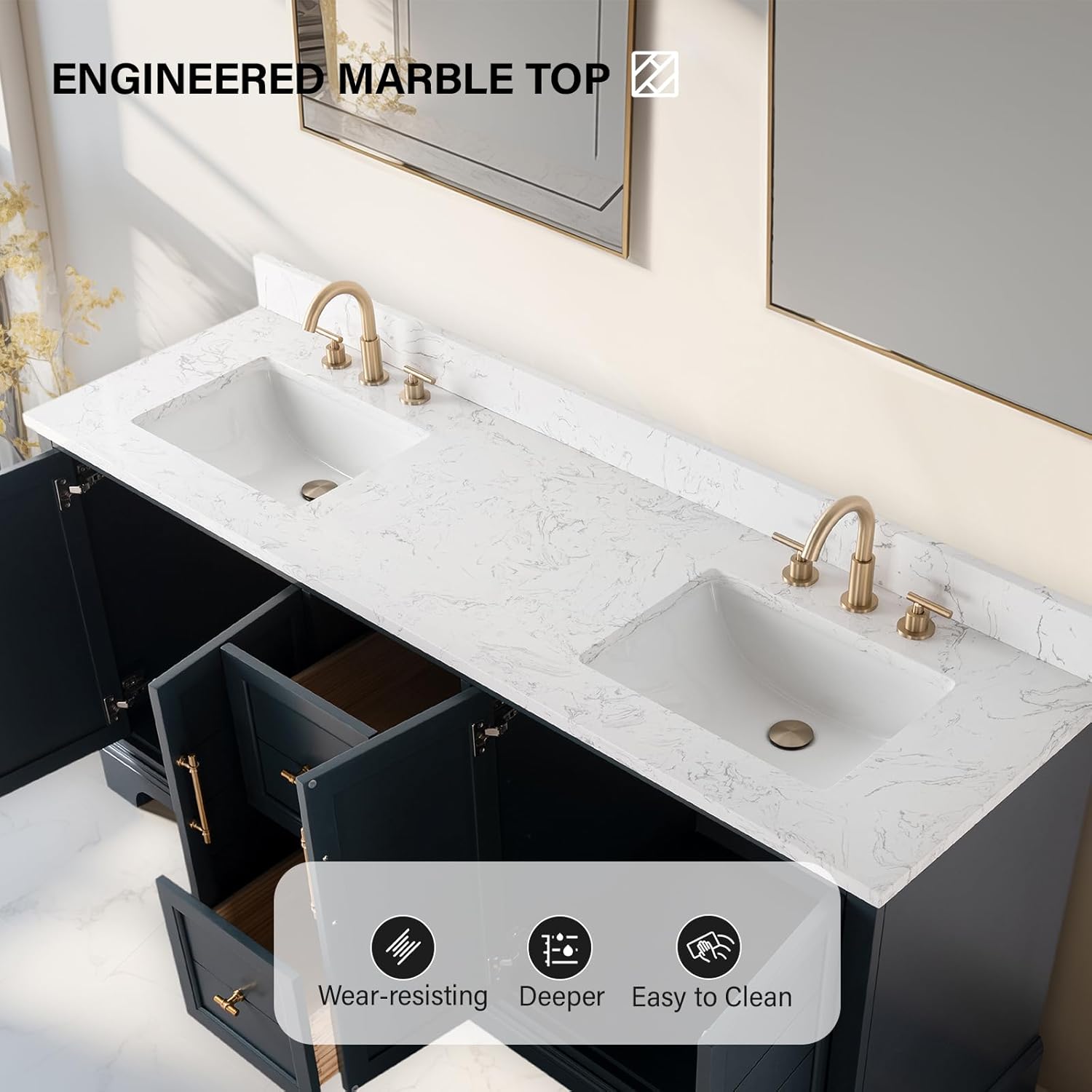 HOMEBEYOND 72 Inch Bathroom Vanity with Double Sink & Ceramic Top, Vanity Cabinet with Center Countertop Basin, Soft-Closing Doors, Backsplash, Vintage Spruce Blue