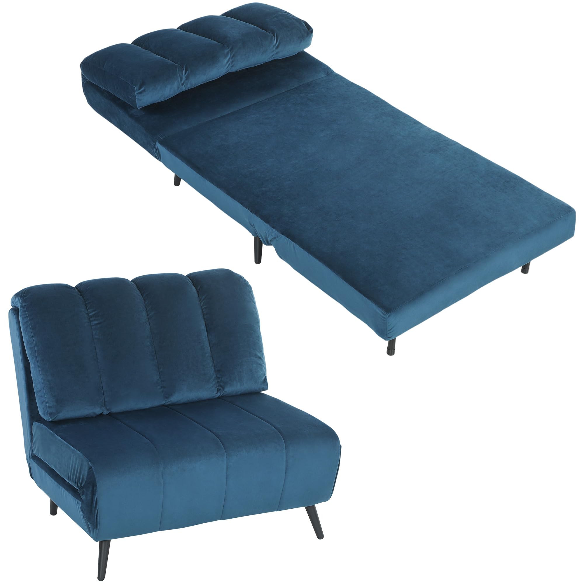 HOMCOM Poltrona Letto Singolo 3 in 1 Pieghevole Trasformabile, Schienale Regolabile 3 Posizioni, Cuscino Spesso, Divano Letto in Velluto, Soggiorno, Camera da Letto, Facile Montaggio, 88x92x88cm, Blu
