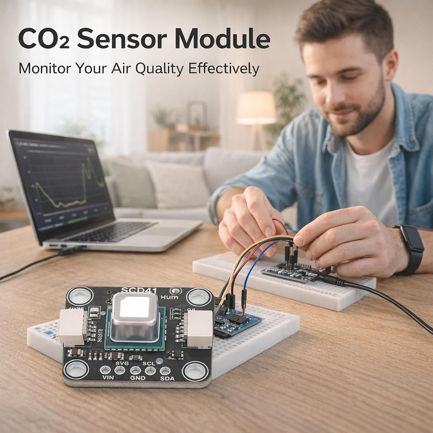 CO2 Sensor Module, Carbon Dioxide Concentration Sensor, 400-2000ppm – I2C Digital Interface, Temperature & Humidity Detection, Co2 and Gas Detector for Indoor Air Quality