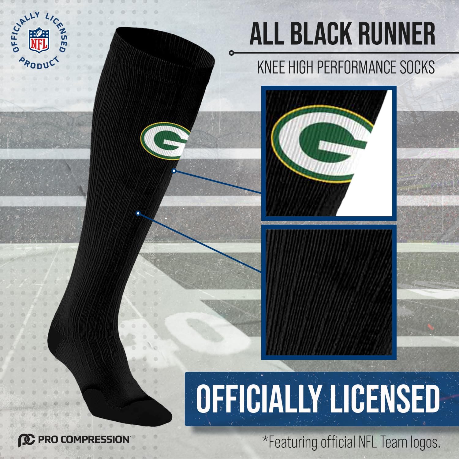 For Bare Feet NFL Adult Knee High-Performance Socks, All Black, Unisex Design, Recovery Wellness Exercise Accessory - Image 2