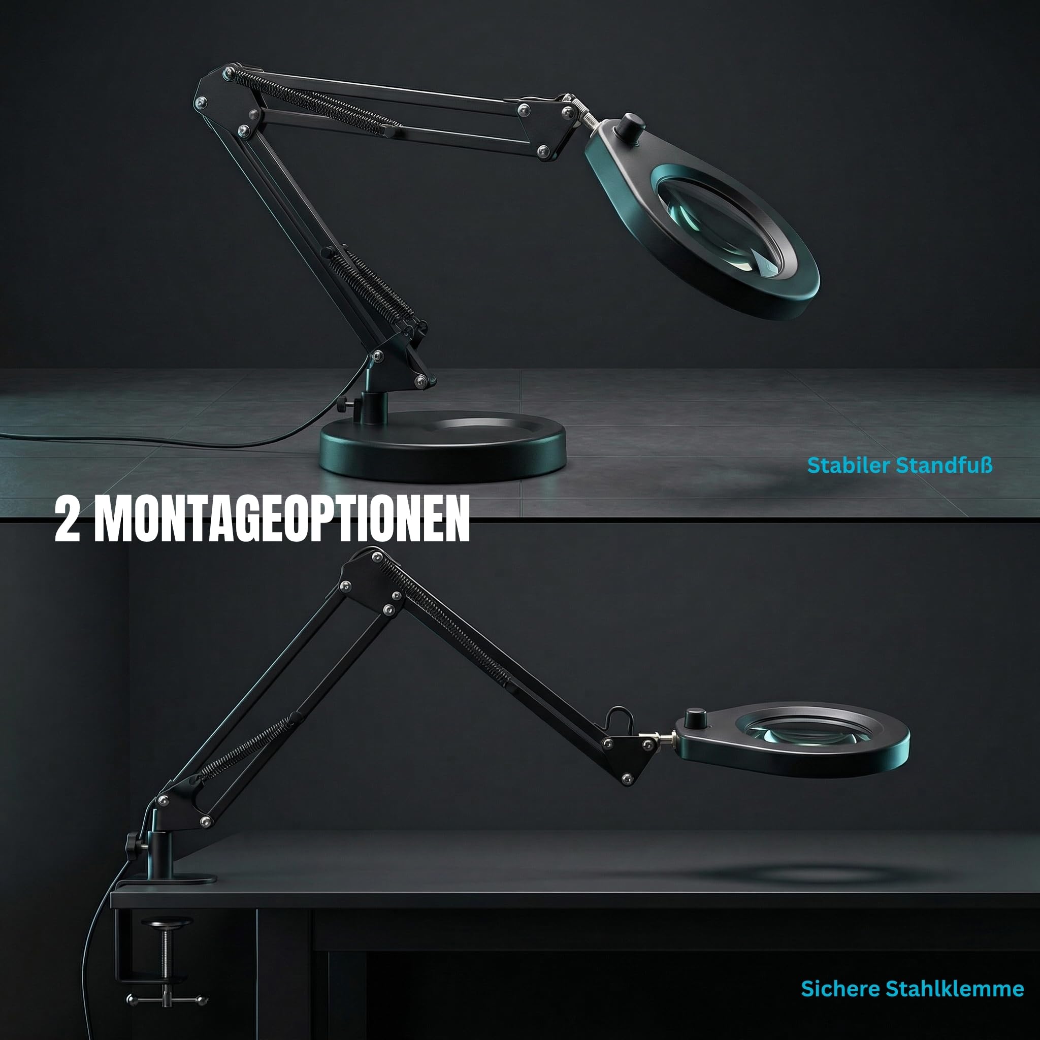 LED-Lupenleuchte mit Ständer und Klemme, Tischlampe mit 10,5 cm 5X Lupe, dimmbare Lichter in 5 Farben und Doppelständer für Handarbeit, Detailinspektion und Hobbys (Rund)