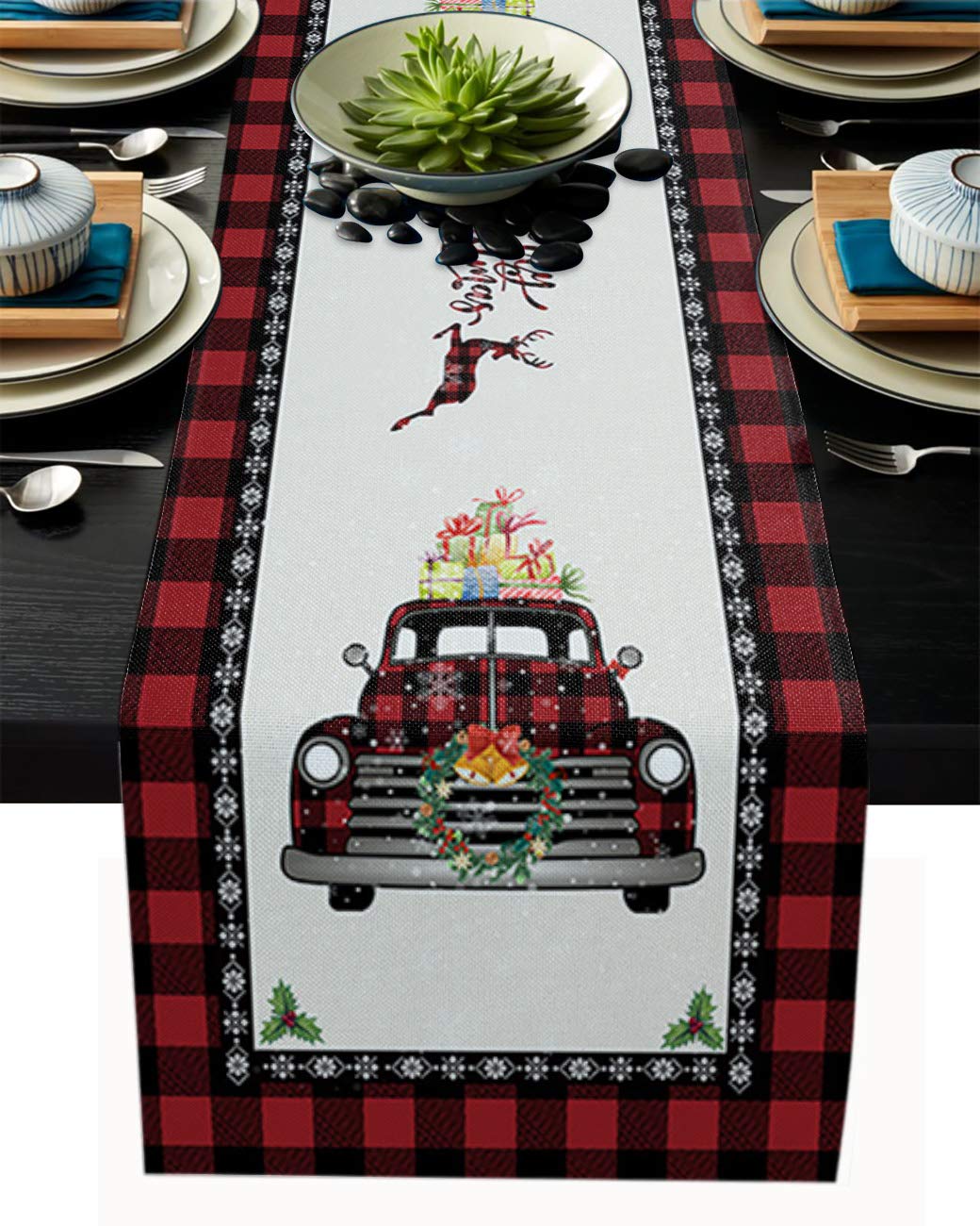Table Runner for Dining Table Coffee Table Home Kitchen Decorative Merry Christmas Deer Truck Red Buffalo Plaid Cotton Lin...