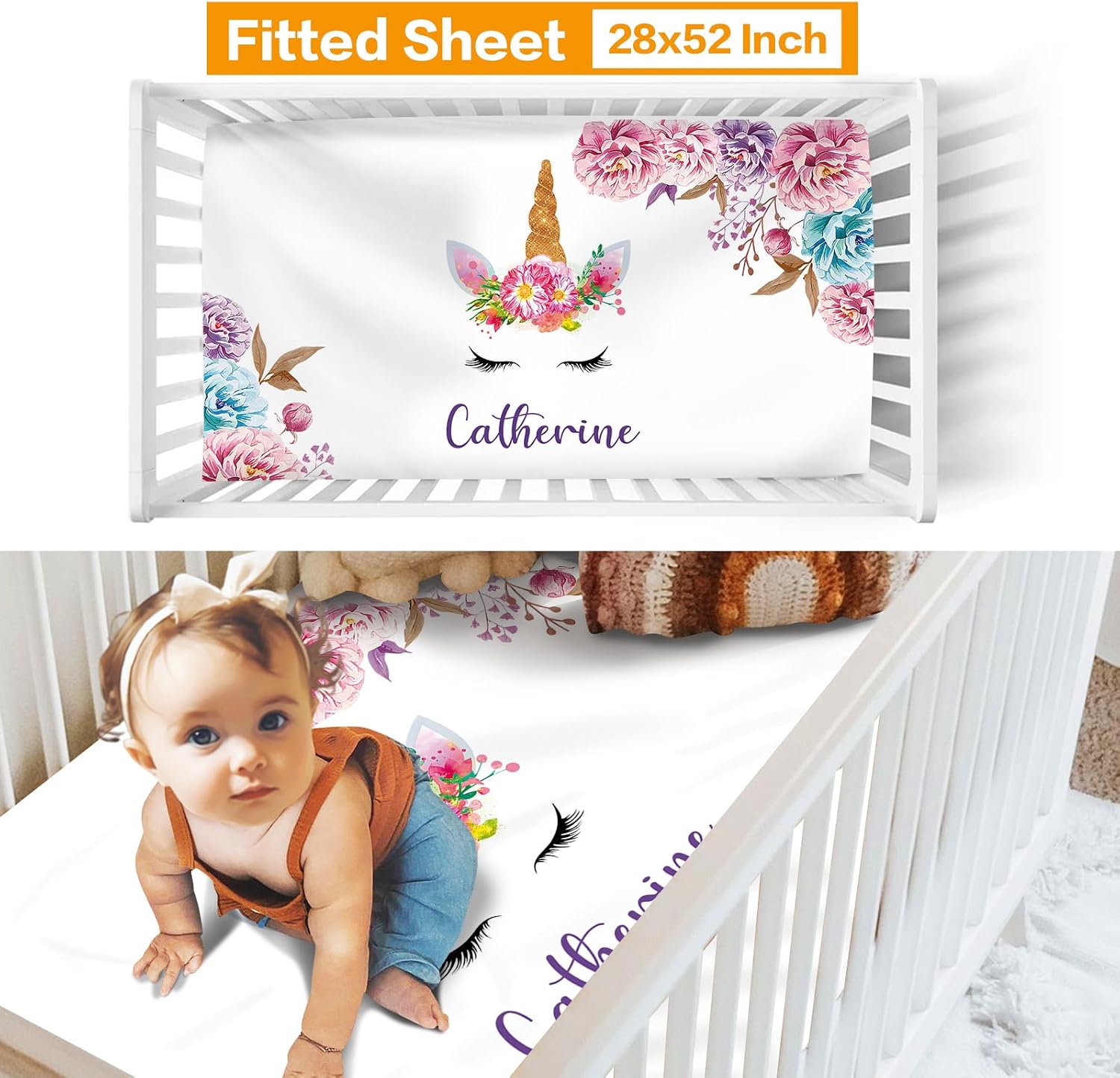 Custom Nursery Crib Bedding Set: Personalized Nursery Decor Baby Blanket Fitted Crib Sheet Changing Pad Cover Baby Room Rug Horn Pattern Gift Idea(Fixed Size)