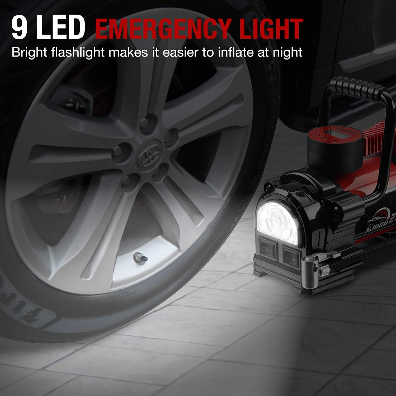 Smashier Portable Air Compressor Tire Inflator - 12V DC Heavy Duty Digital Pump with 9 LED Light for Car/Motorcycle/Air Mattress, 12FT Extended Cord Upgraded Quick Connector,Fast Inflation