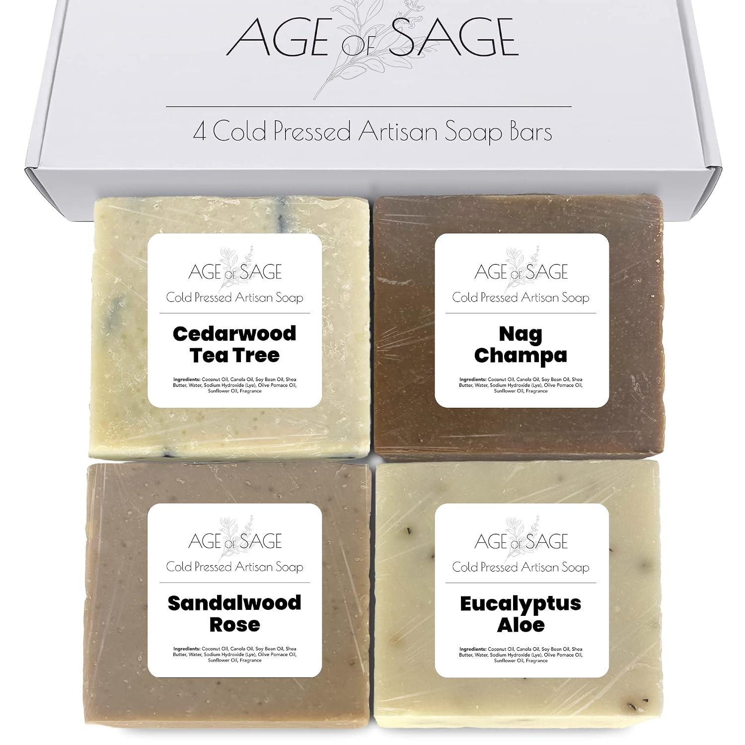 Age of Sage All Natural Mens Soap Bar - Bath Body Soap Gift Sets for Men - Handmade Organic Bar Soap Box - Exfoliating Natural Man Soap for Men - Scented Bar Soap for Men (4 Pack)
