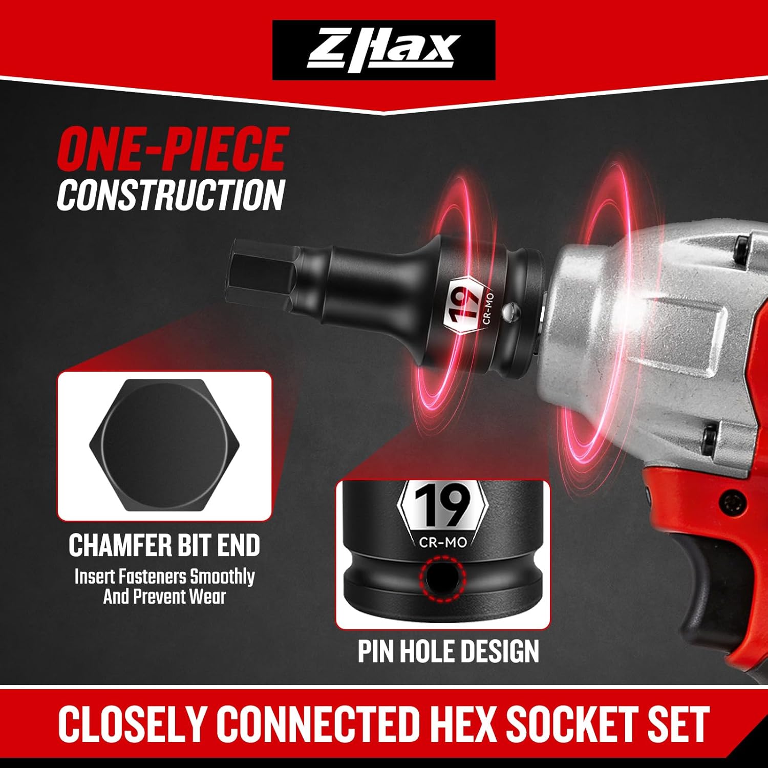 zhax 3/4 Inch Drive Impact Allen Socket Set, 14mm, 17mm, 19mm, 22mm, 24mm Metric Hex Bit Socket, 5-Piece, Master Impact Grade Cr-Mo Steel With Heavy Duty Storage Case