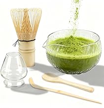 Matcha Set 5 Pieces Matcha Chasen Spoon Glass Bowl with Pouring Spout, Broom Holder and Coffee Spoon, Matcha Whisk, Japanese Tea Ceremony Kit for Beginners, Glass
