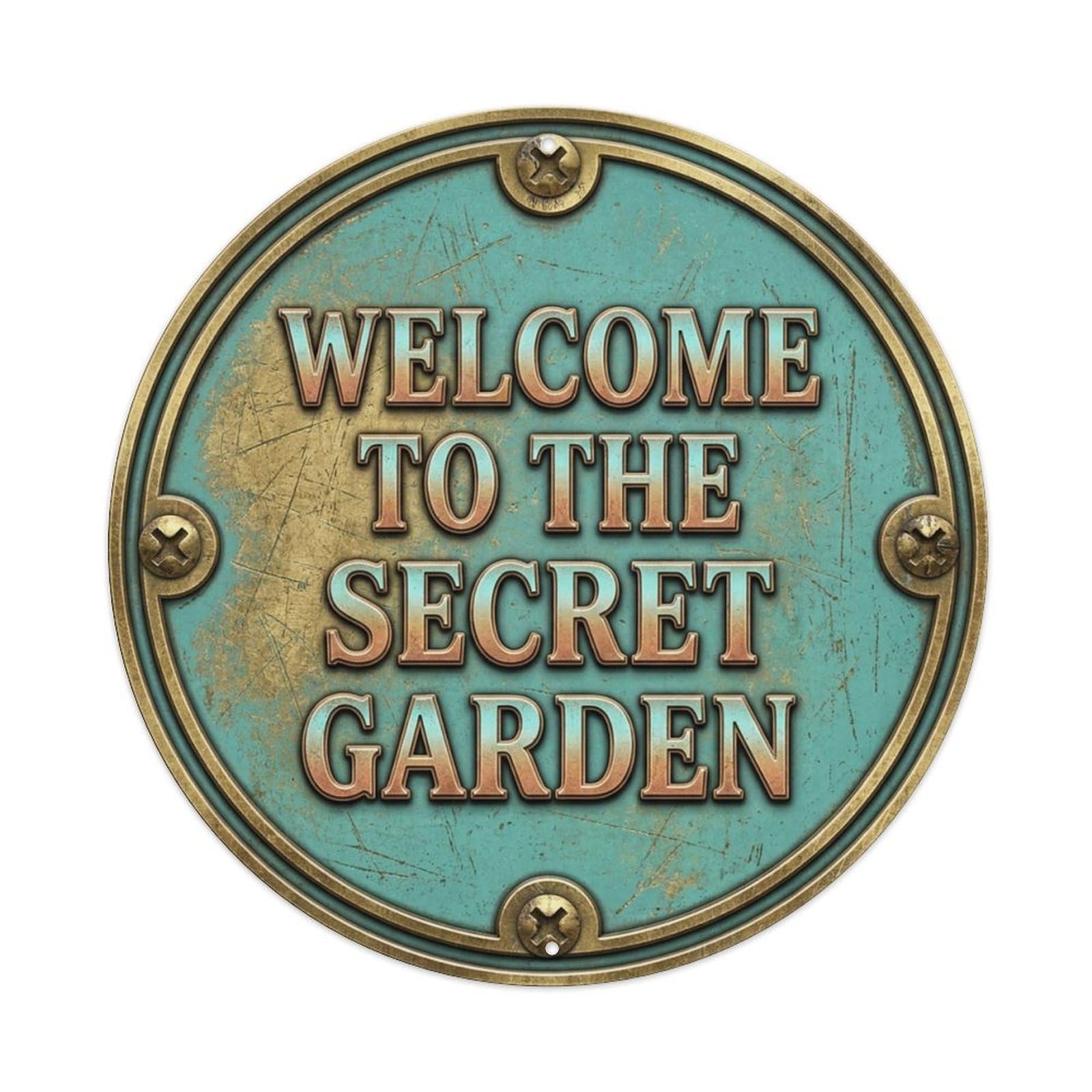 Vintage Welcome Secret Garden Brass Teal Worn Metal Tin Sign