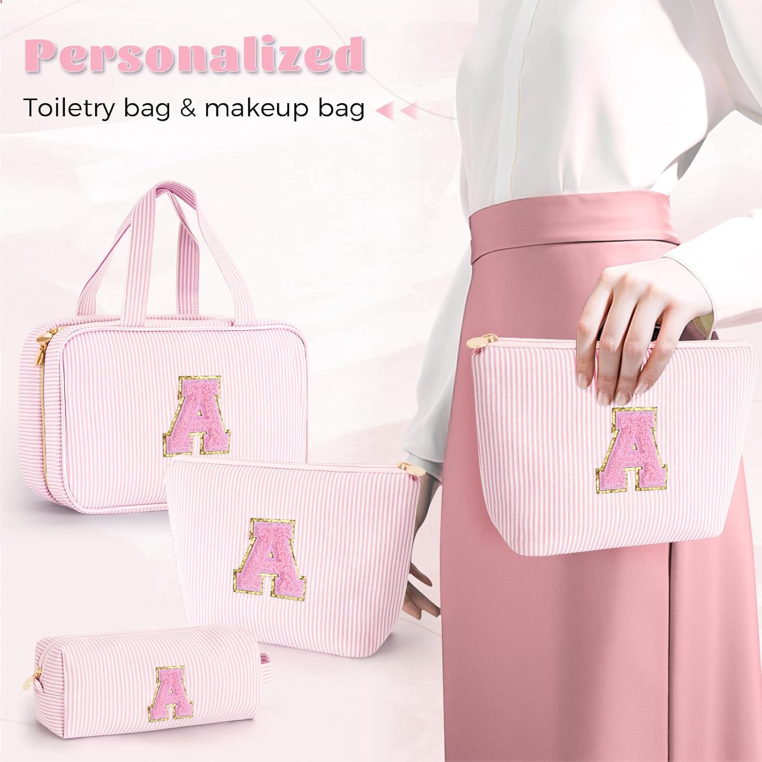 Gifts for Teen Girls Women - Toiletry Bag Initial Makeup Bag | Travel Cosmetic Bag | 8 9 10 11 12 13 14 15 16 Years Old Girl Gifts Trendy Stuff - Pink A