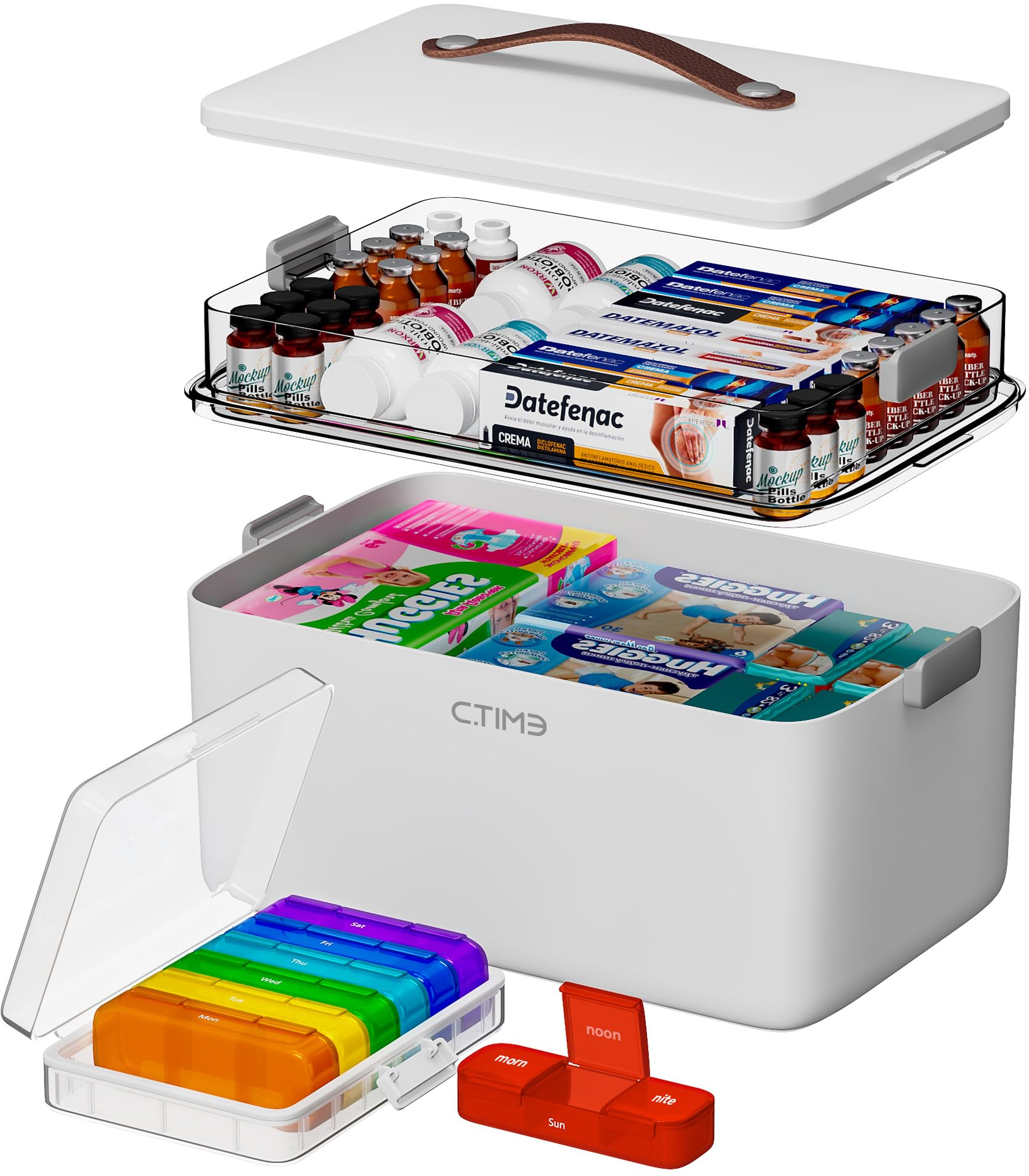 Boîte à médicaments à 2 couches CTIME : organiseur de rangement portable vide pour la maison