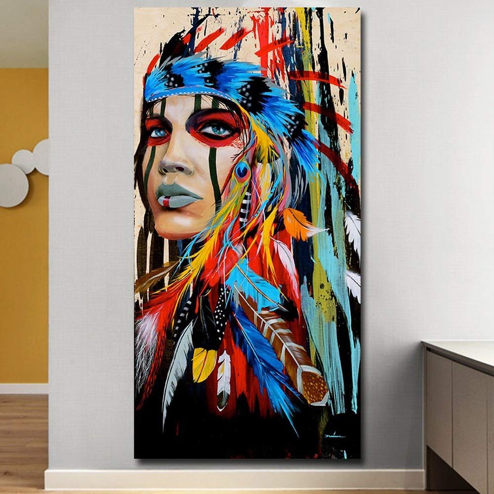 Fille colorée à plumes peinture sur toile vibrante, décoration murale pour un salon inspirant