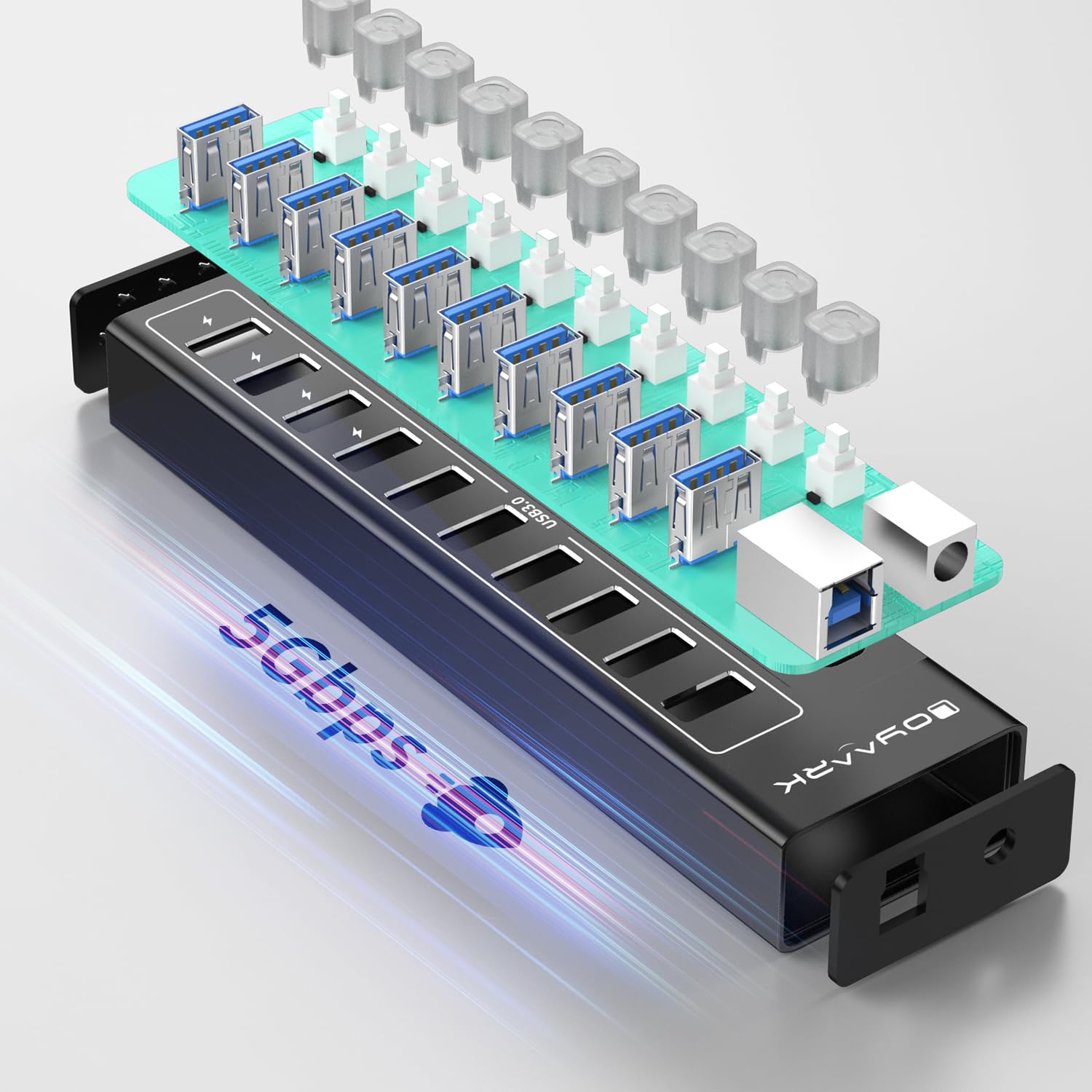 Hub USB 3.0, divisor de concentrador USB de 10 puertos con interruptores individuales y luces indicadoras, 10 puertos USB 3.0 de transferencia de datos, 4 de los cuales se pueden utilizar para carga