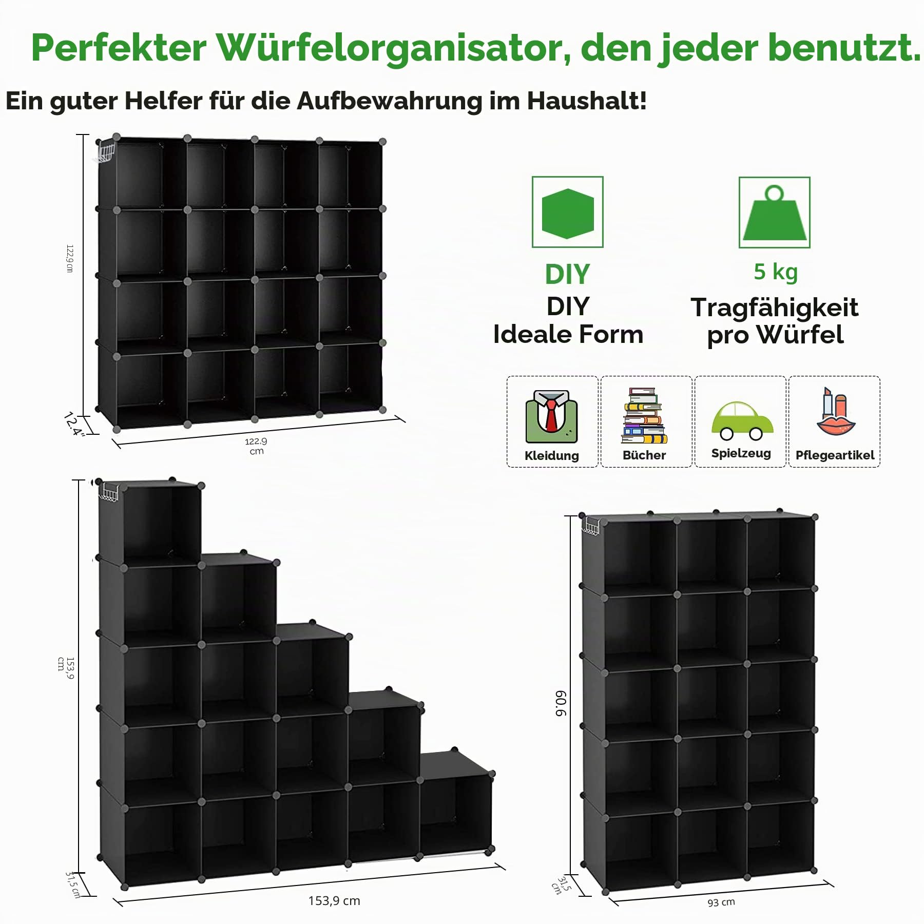 C&AHOME Würfelförmiges Aufbewahrungsregal, 16-Würfel-Regaleinheiten für den Schrank, DIY-Modulregal aus Kunststoff, Bücherregal, Aufbewahrungswürfel, 48,4" L x 12,4" B x 48,4" H, Schwarz, SUM3016H