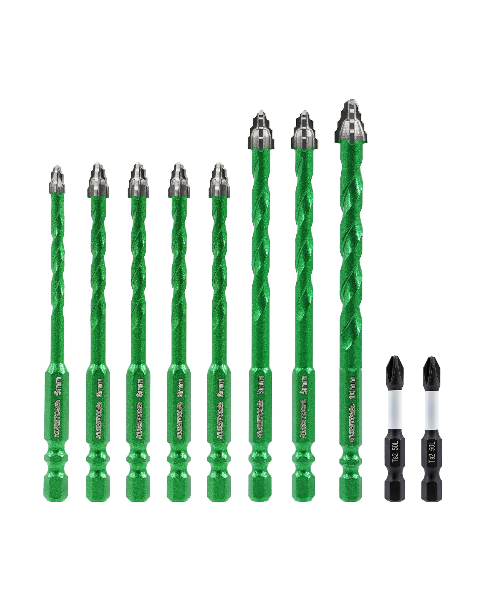KURSTOL Serrated Masonry Drill Bit Set 10pcs - 5mm/6mm*4/8mm*2/10mm Concrete Carbide Drill Bit with PH2 Screwdriver Bit for Wood Plastic Masonry Brick Ceramic Tile Marble