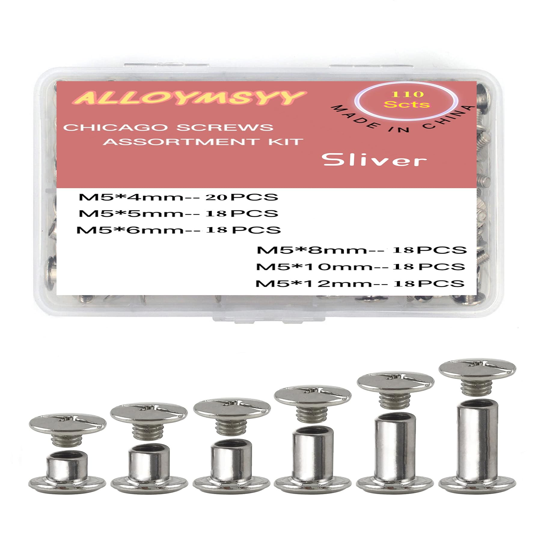 ALLOYMSYY 110 Sets Chicago Screws Leather Rivets Kit? for Binding Screws Trim and Repair Leather Craft Belt, Bag, Shoe, Purse Binding (Silver?M5*4.5.6.8.10.12.)