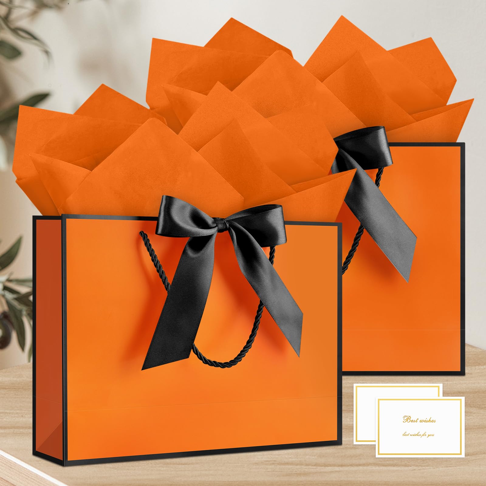 JMANNI Gift Bags with Handles, 13” Medium Gift Bag for Presents, 1 Pcs Bags with 2 Tissue Paper and 1 Cards for Graduation Baby Shower Wedding Fathers Day Mother's Day Birthday Party (Orange-Black