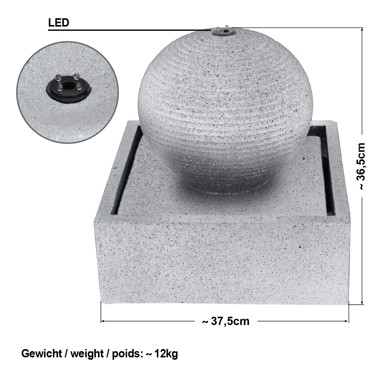 Fuente de Jardin Fuente de Agua esferica 230 V Fuente Decorativa para Jardin, terraza, Balcon con luz LED, Gris Claro