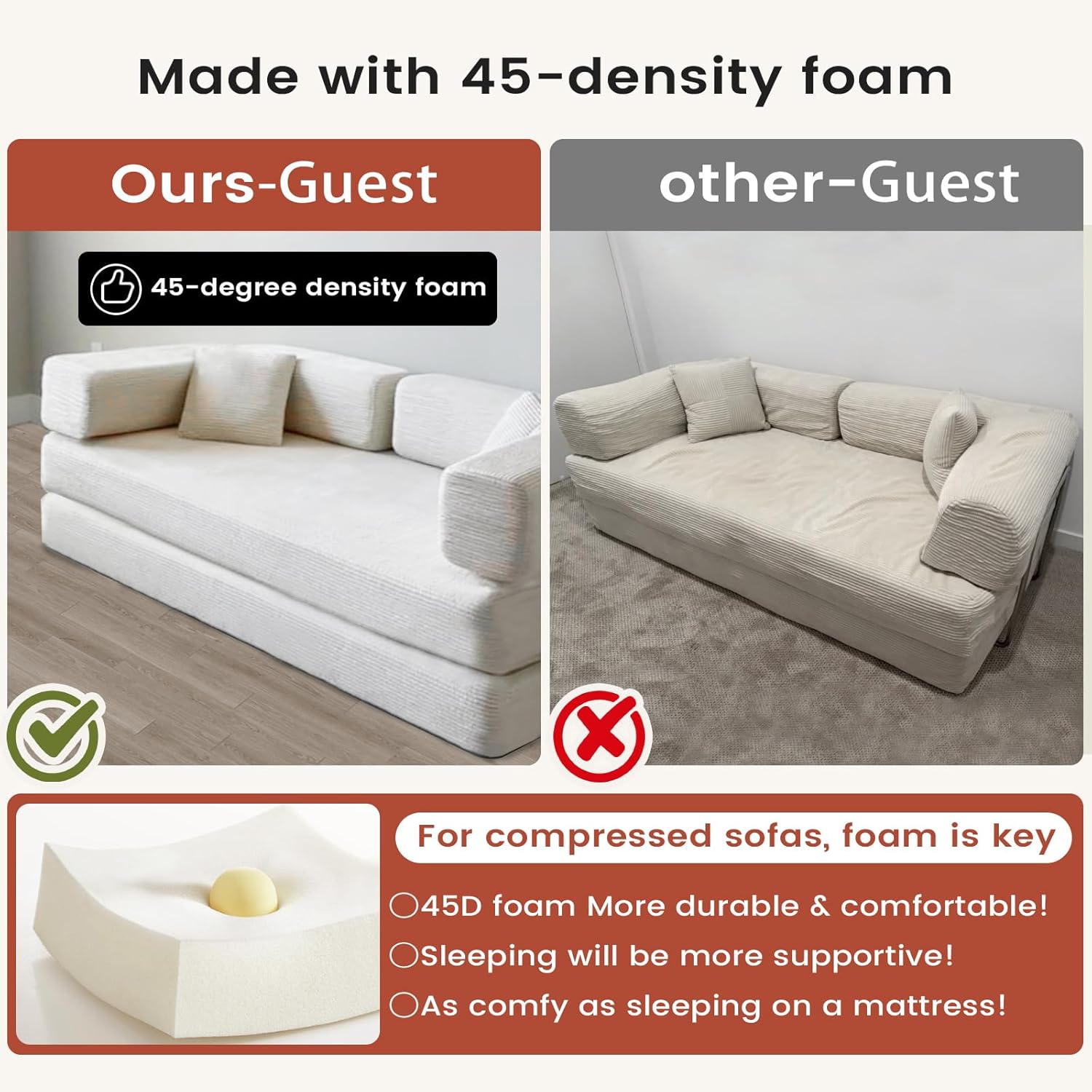 Convertible Sleeper Sofa Bed Corduroy Upholstered Modular Floor Couch Queen/King Size Foldable Futon with futon Memory Foam for Apartment Living Room Bedroom Floor (Orange, 80.15") | Convertible sofa bed