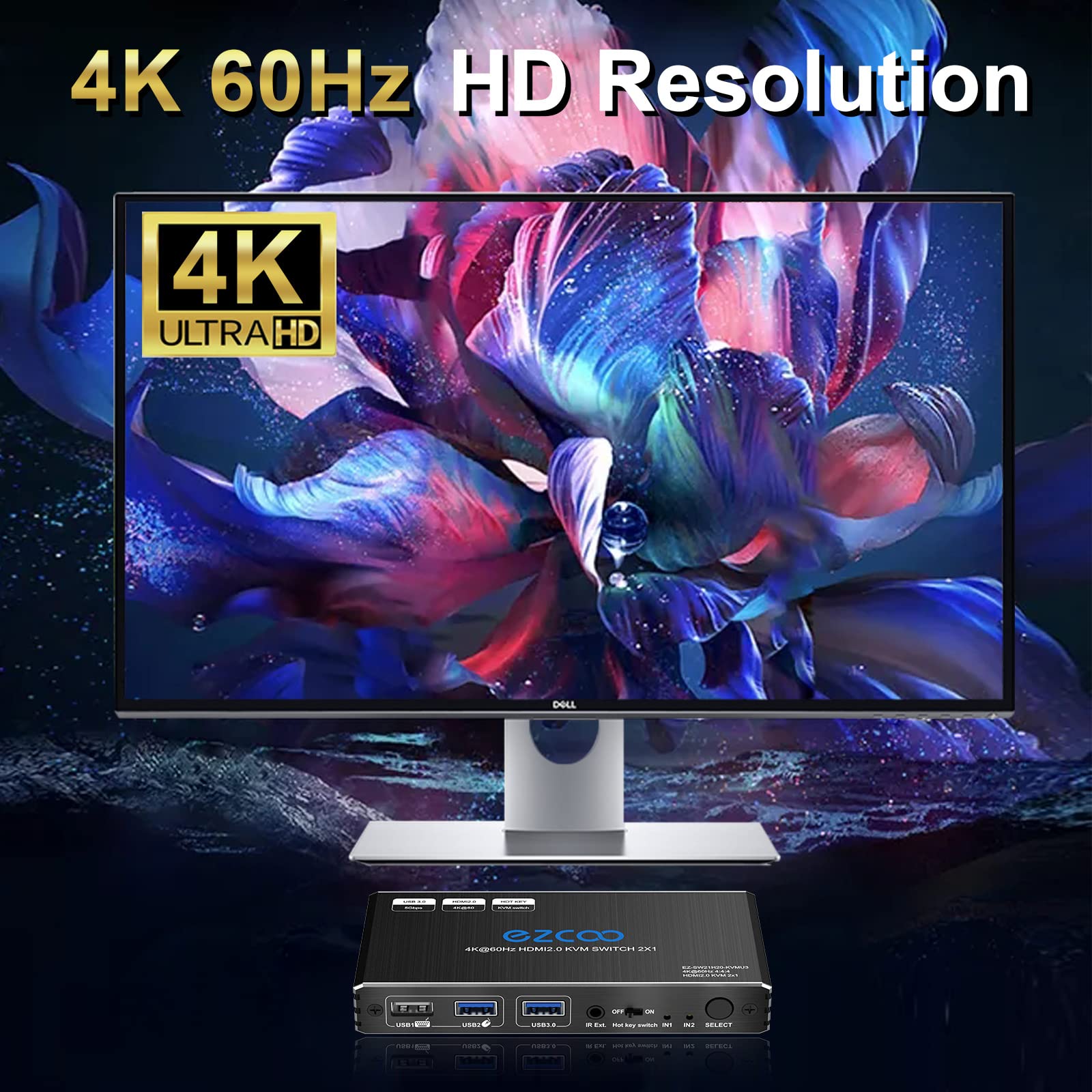 USB 3.0 KVM Switch HDMI 2 Computer 1 Monitor HotKey 4K60 4:4:4 HDR Atmos - 2 PC Condividi Tastiera Mouse Stampante Scanner Mac Windows, HDCP Pass, Selettore USB