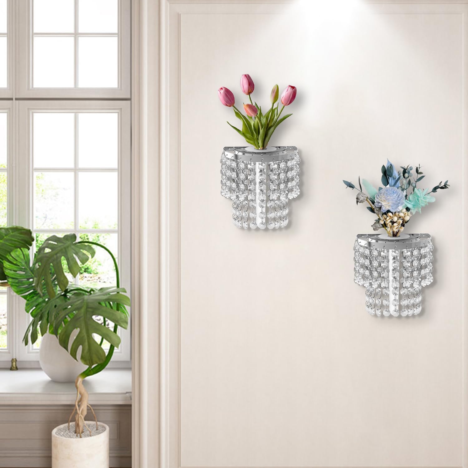 2 Pack Metal Flower Vase for Wall Crystal Vase Decor Hanging Decoration Floral Holder Home Art Wall Sculpture Glass Test Tube Vase-Silver