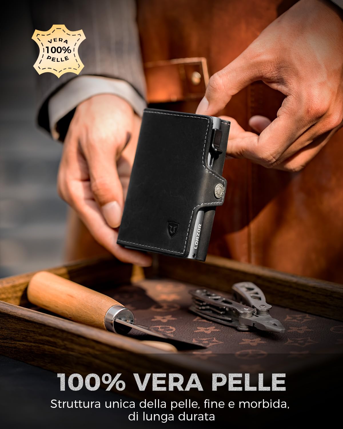 LORZOR Portafoglio Uomo Pelle, Porta Carte di Credito con Protezione RFID & Portamonete, Porta Tessere Tascabile, Portacarte Uomo Pop-up Contenere 10 Carte,con Scomparto per Contanti